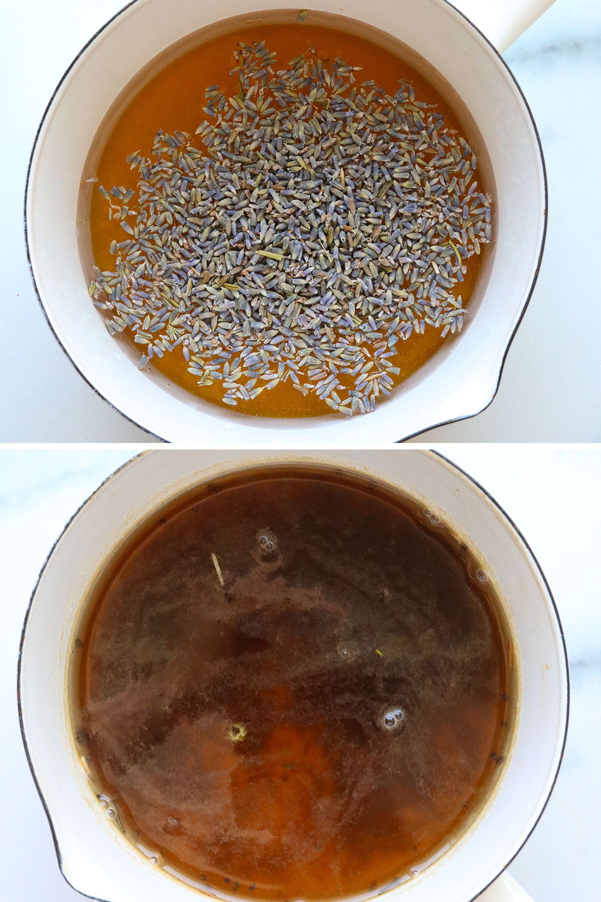 lavender simmered with honey and water in a white pot. 