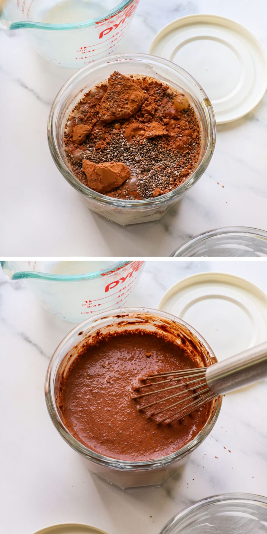 chocolate chia pudding ingredients whisked together in a glass jar. 