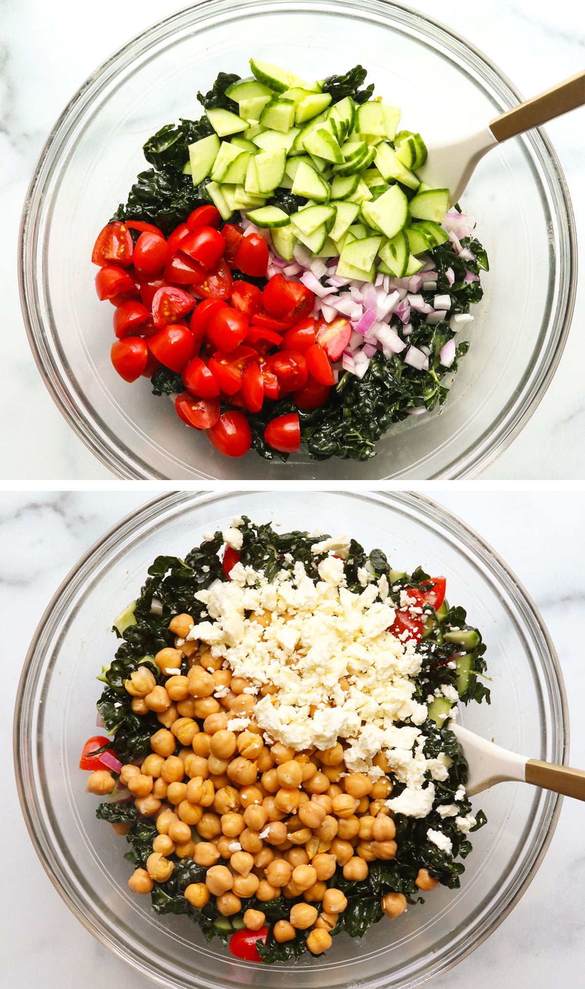 chopped veggies added to kale along with chickpeas and feta.