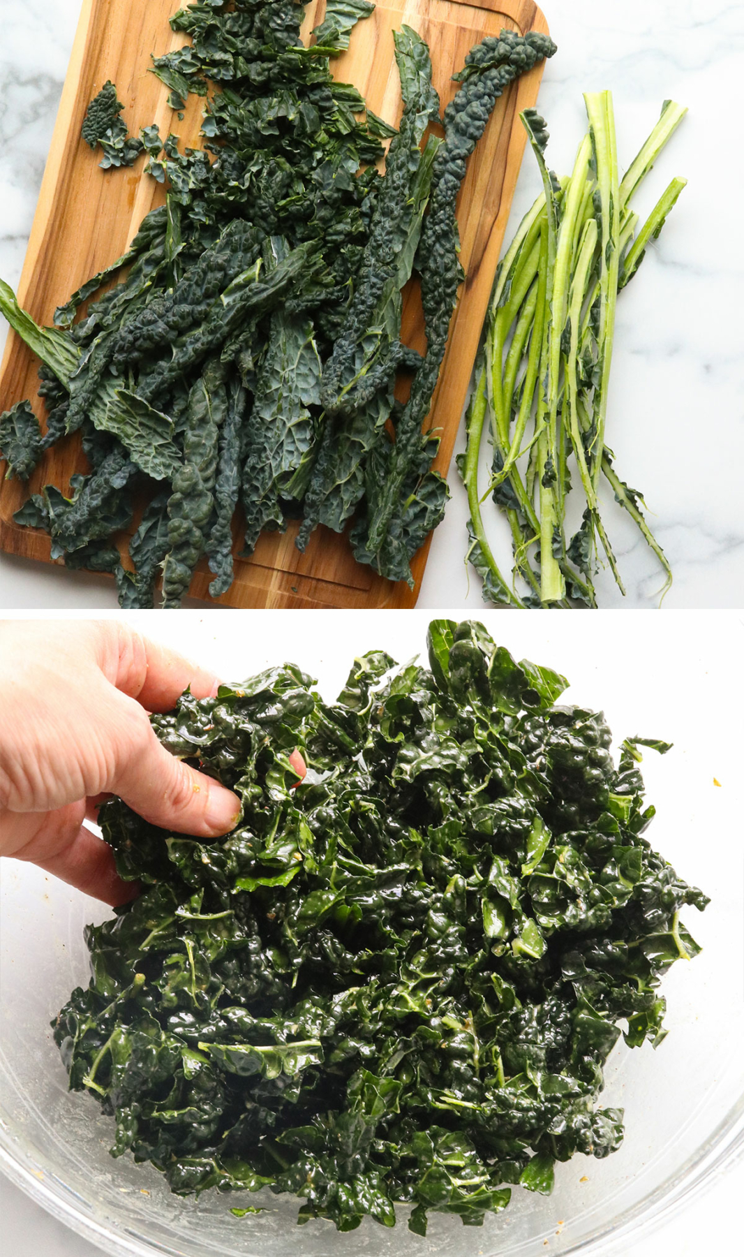 stems removed from kale and massaged in the bowl of dressing.