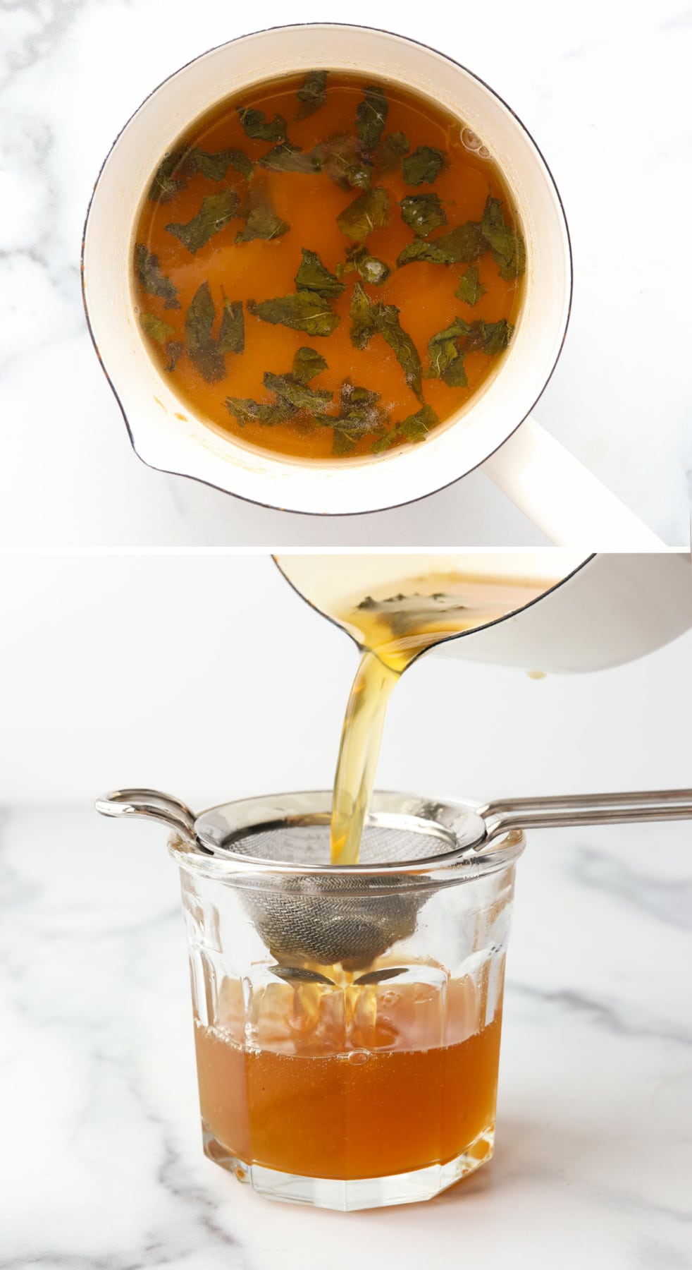 mint syrup cooled and strained into a glass jar.