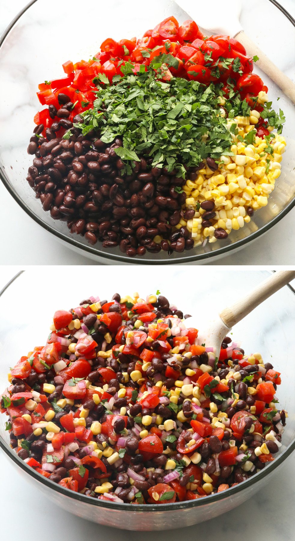 black bean salad veggies stirred together in a large bowl.