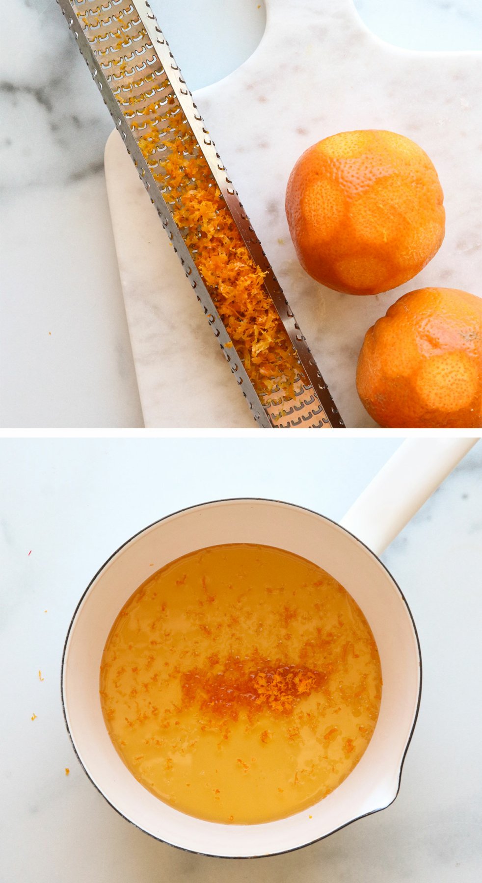 oranges zested and added to a saucepan for simple syrup. 