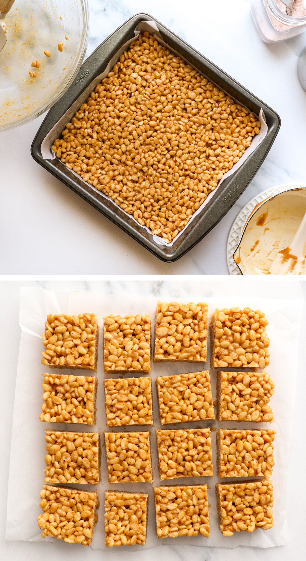 peanut butter rice crispy treats sliced into squares.