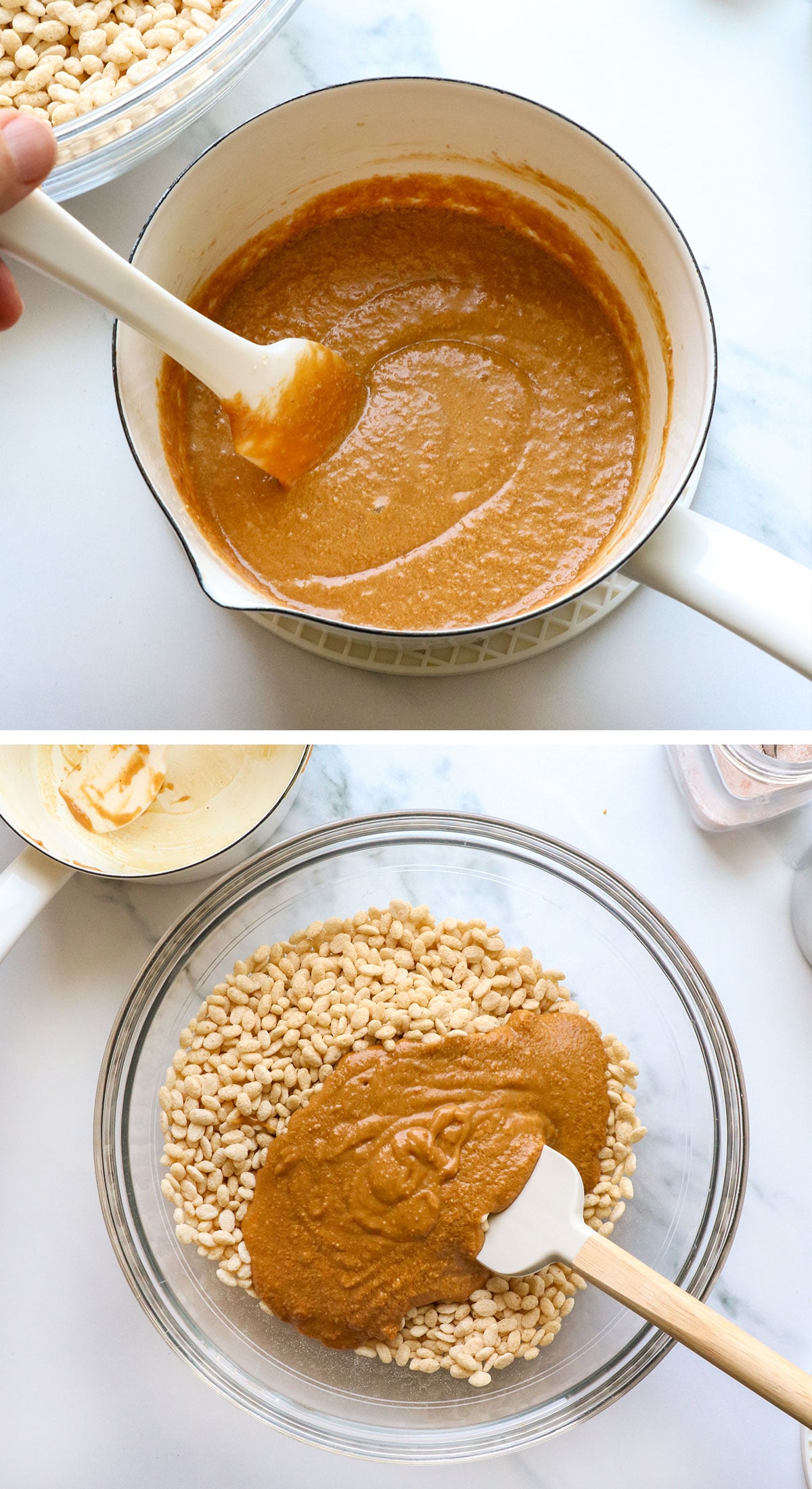 peanut butter mixed with honey and poured over rice cereal.