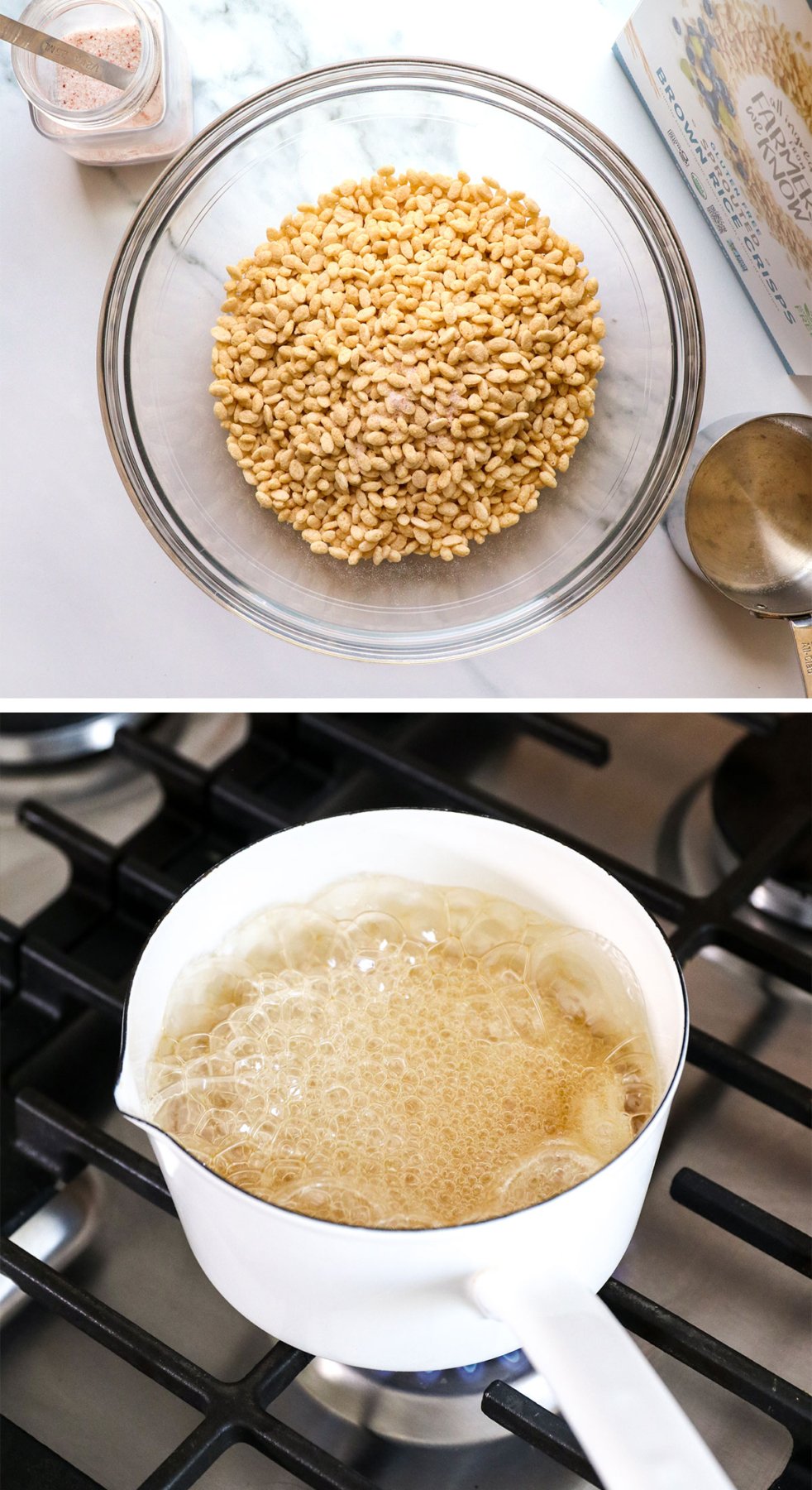 rice cereal and salt in a mixing bowl and honey boiled on stove.