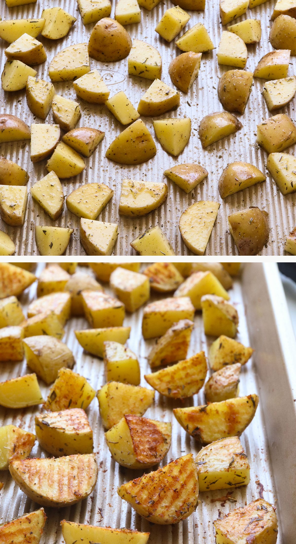 potatoes on the pan before and after roasting.