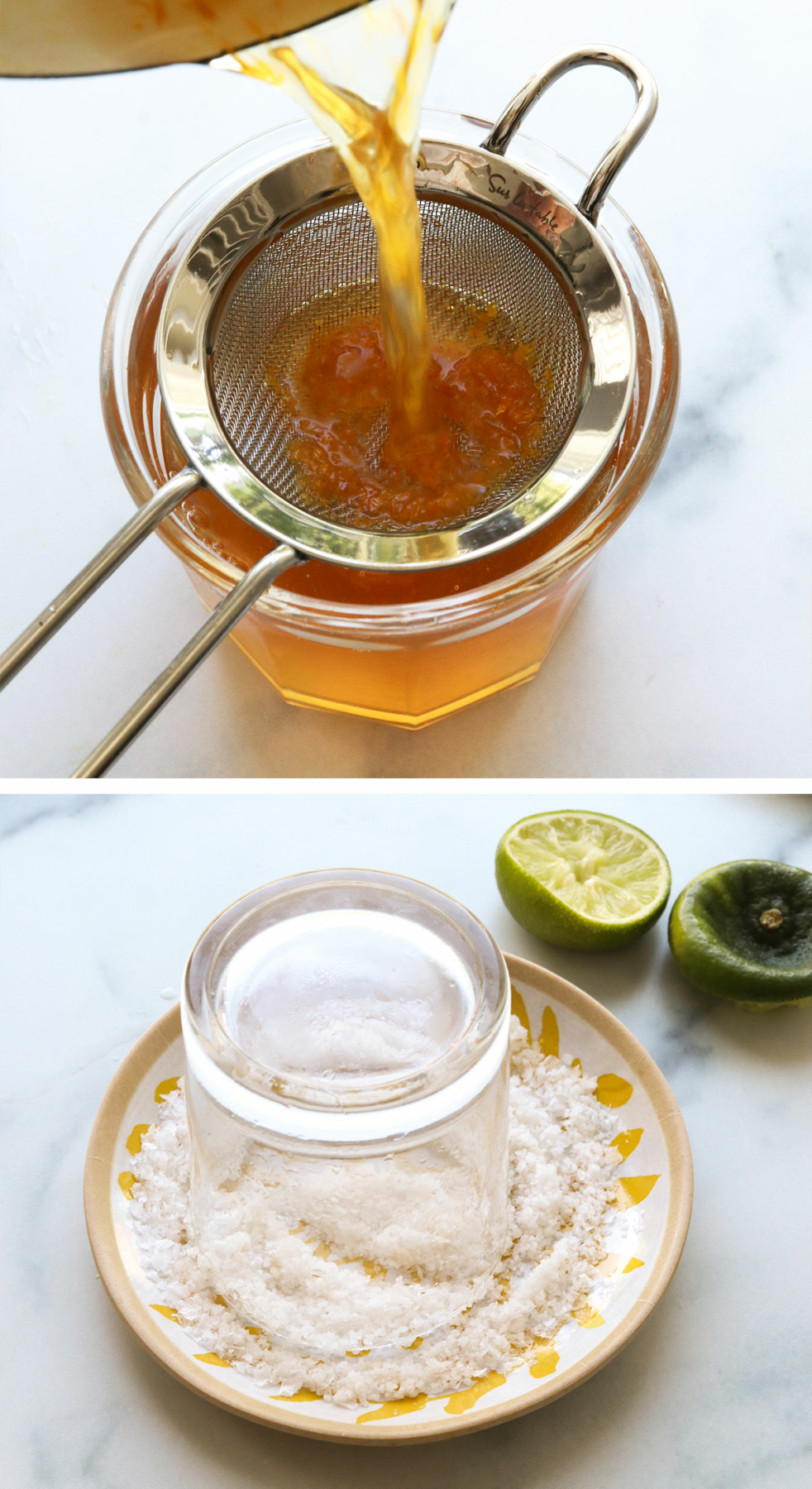 simple syrup strained into a glass jar and a glass upside down on a plate of salt.