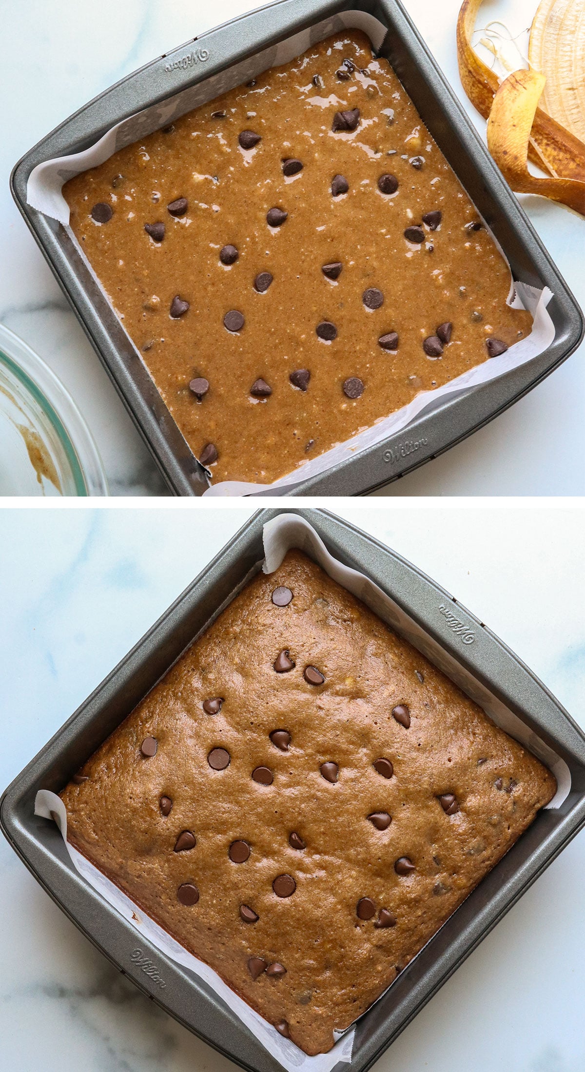banana chocolate chip bars in the pan before and after baking.