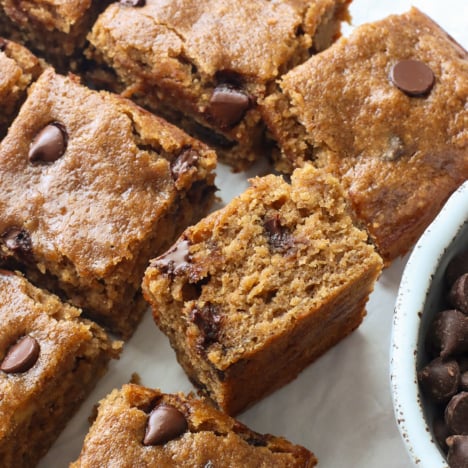 close up of a banana chocolate chip bar on its side.