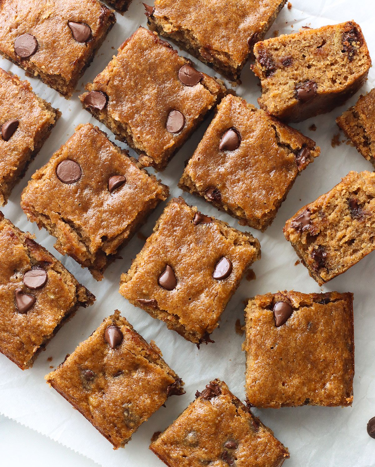 banana chocolate chip bars sliced overhead.