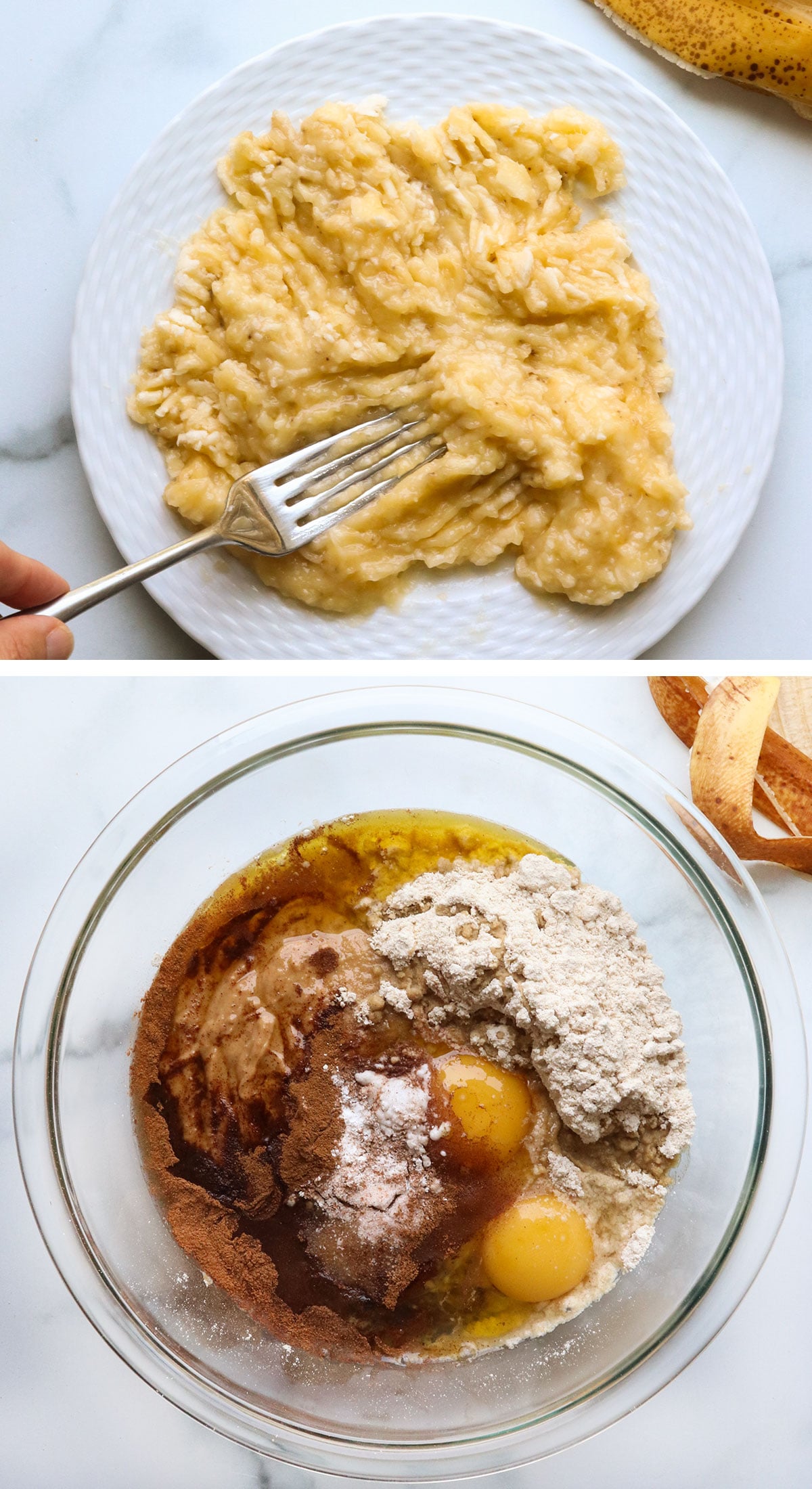 banana mashed with fork and ingredients added to glass bowl.