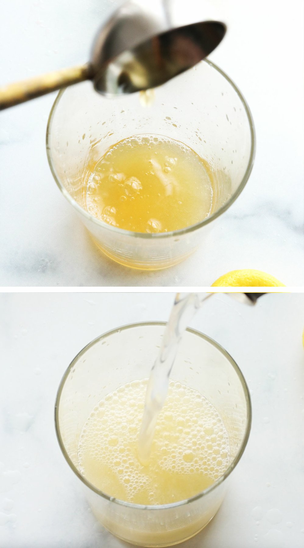 simple syrup and sparkling water added to glass.
