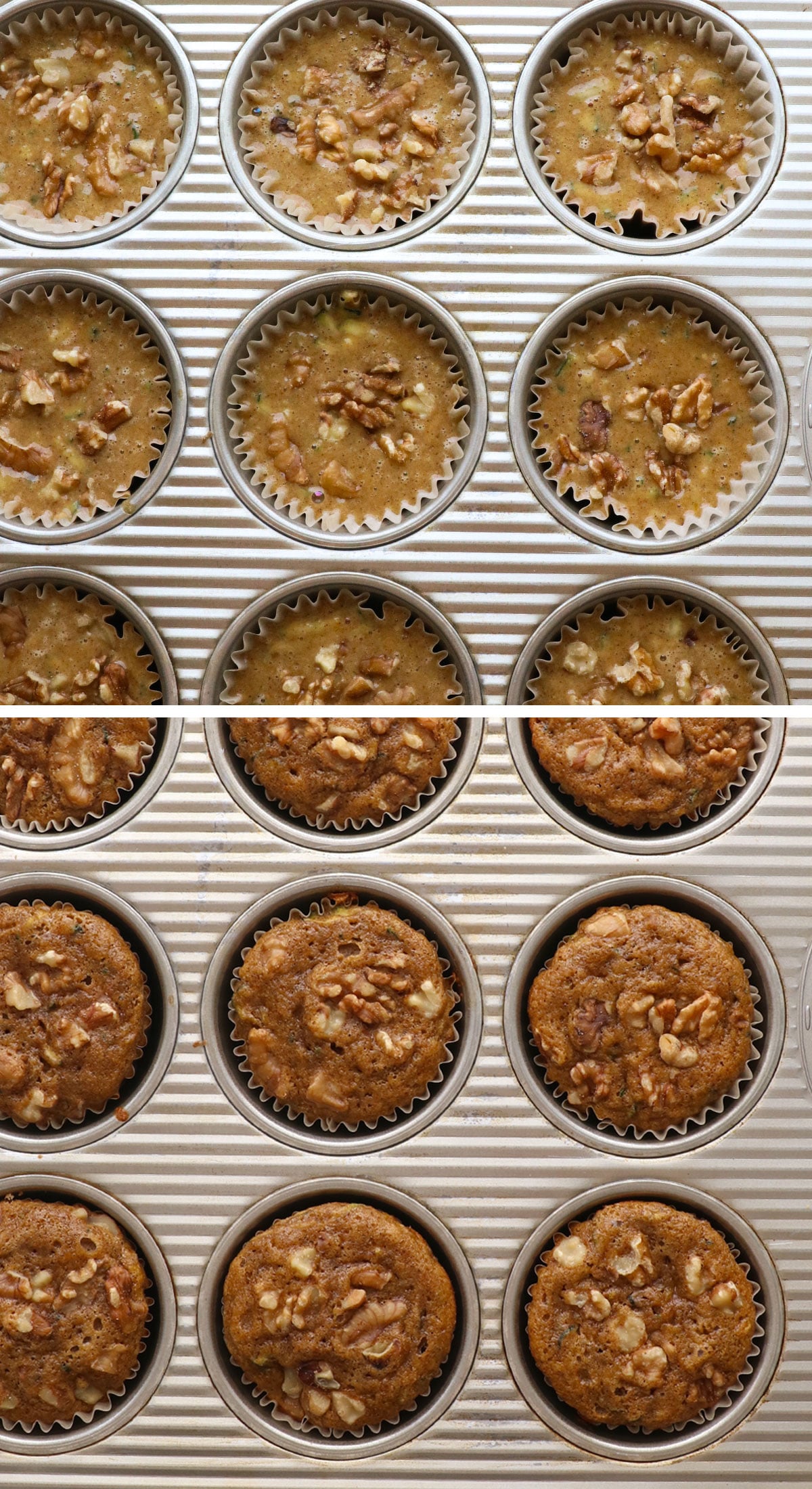 zucchini muffins overhead in a pan before and after baking them.