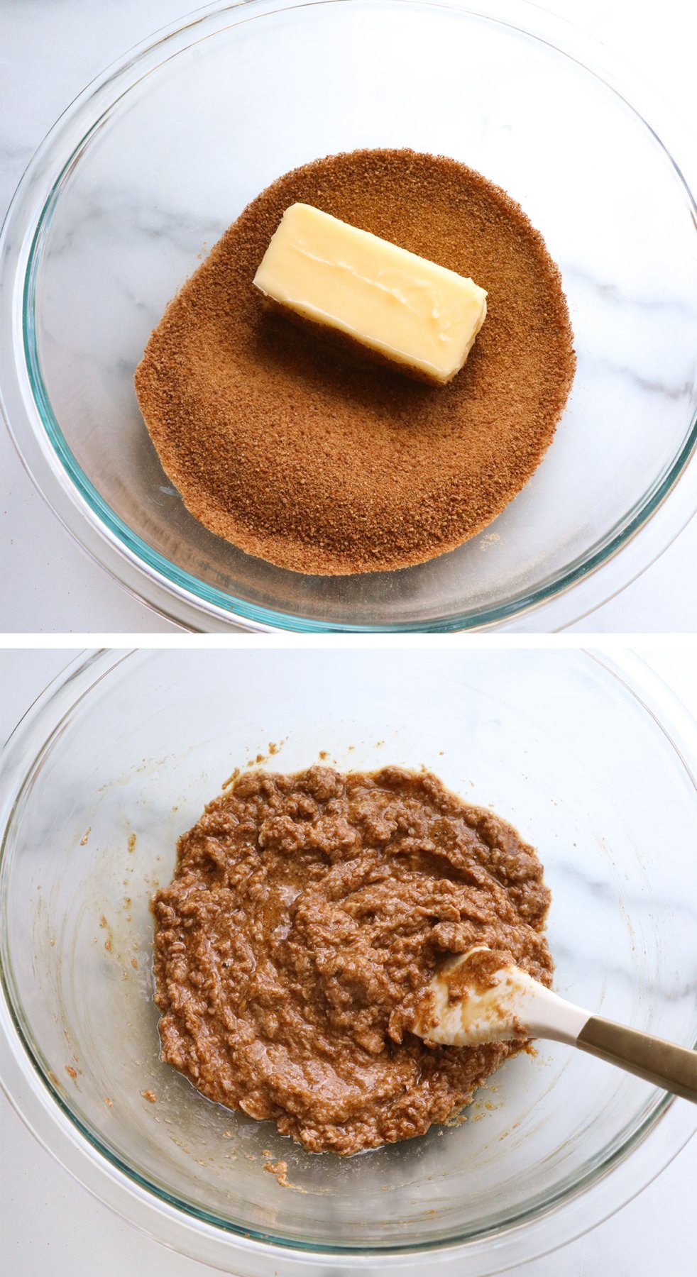 butter, coconut sugar, eggs, and vanilla mixed in a glass bowl.