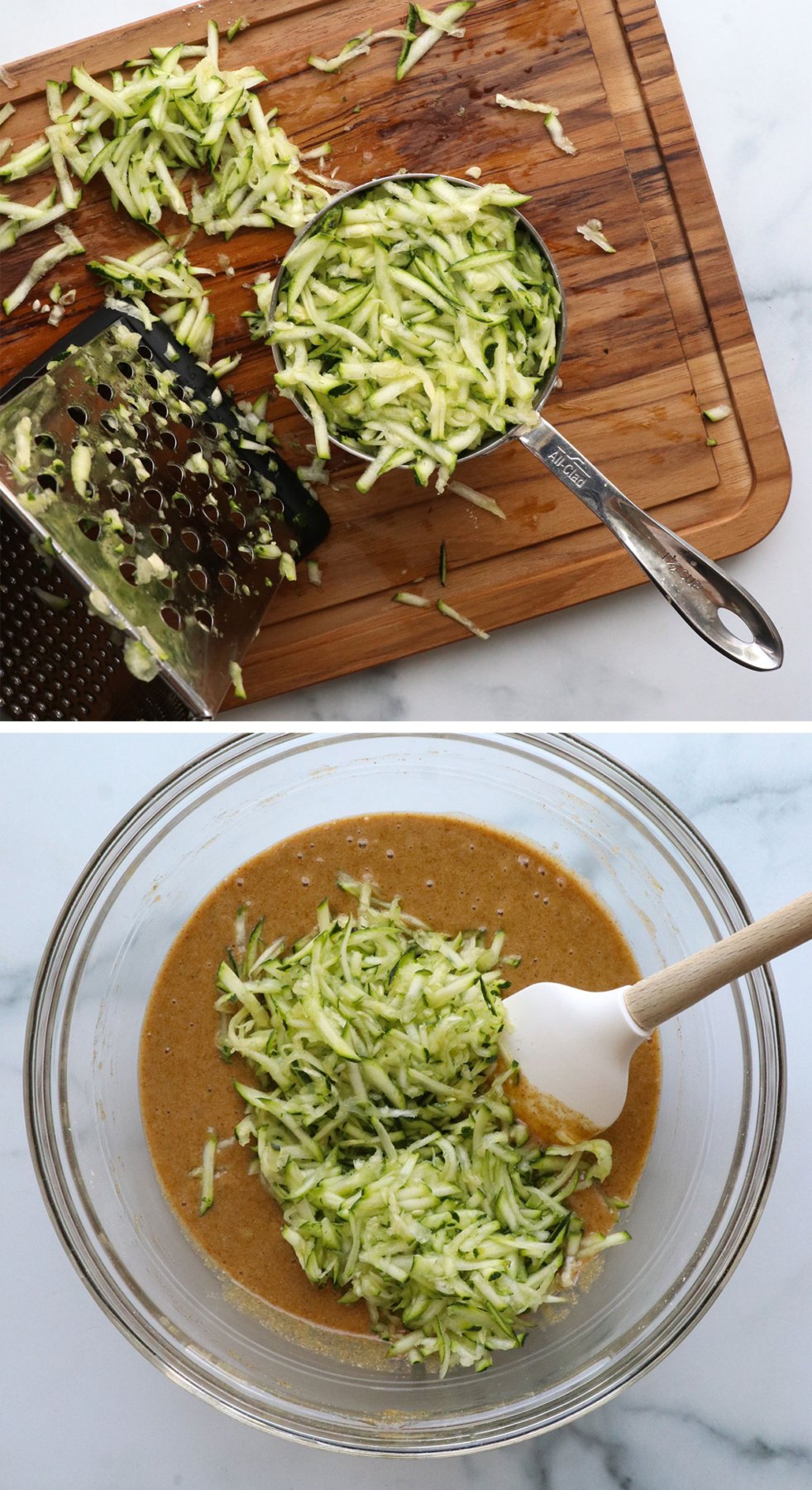 shredded zucchini measured and added to muffin batter in bowl.