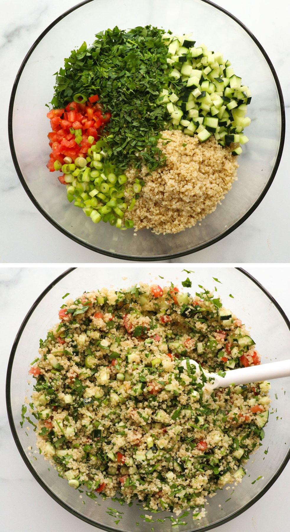 chopped veggies and cooked quinoa added to  a large bowl and stirred together.