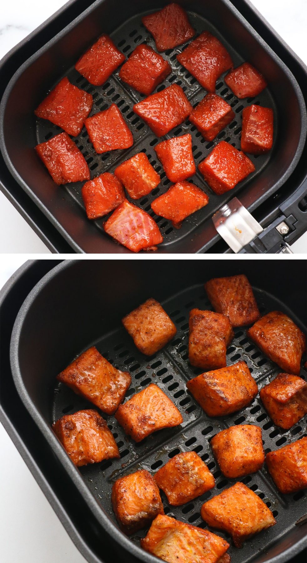 salmon spread out in a single layer in an air fryer basket.