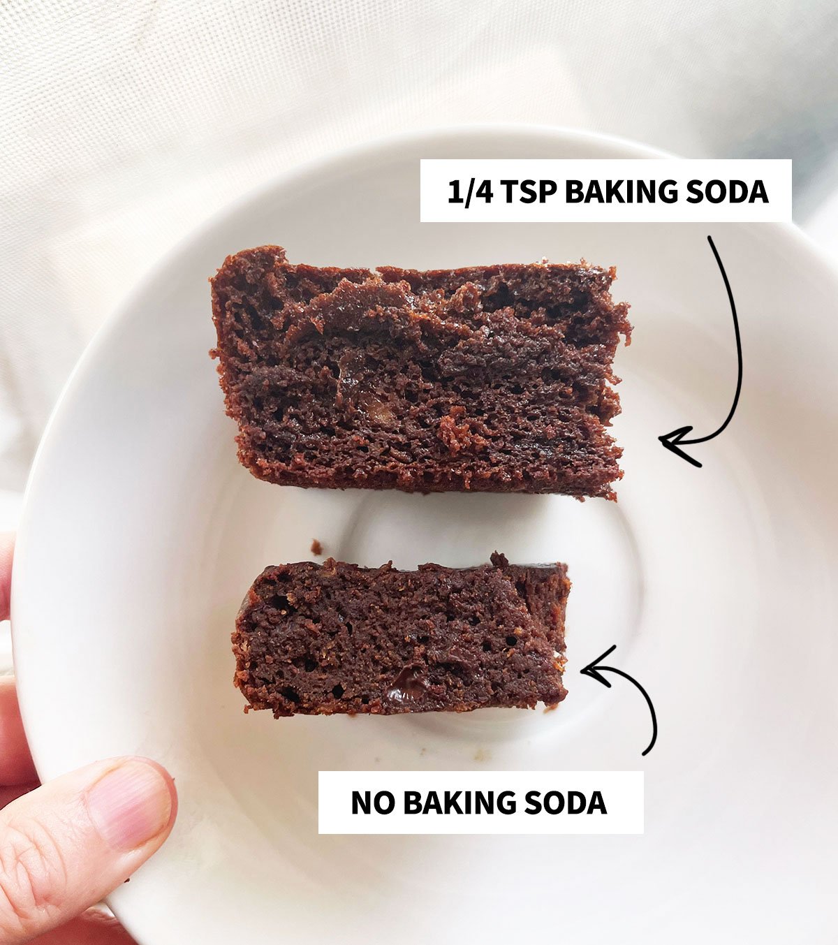 comparison of a brownie made with baking soda and one without.