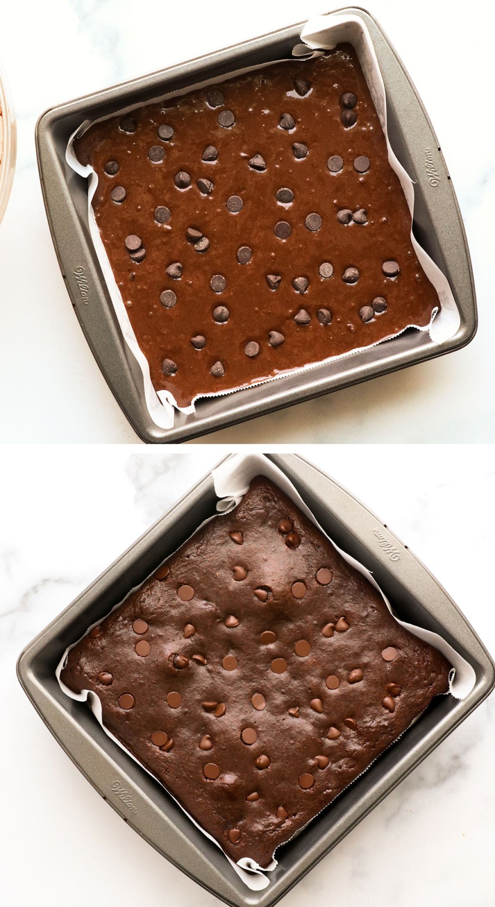 sweet potato brownies before and after baking in a square pan.