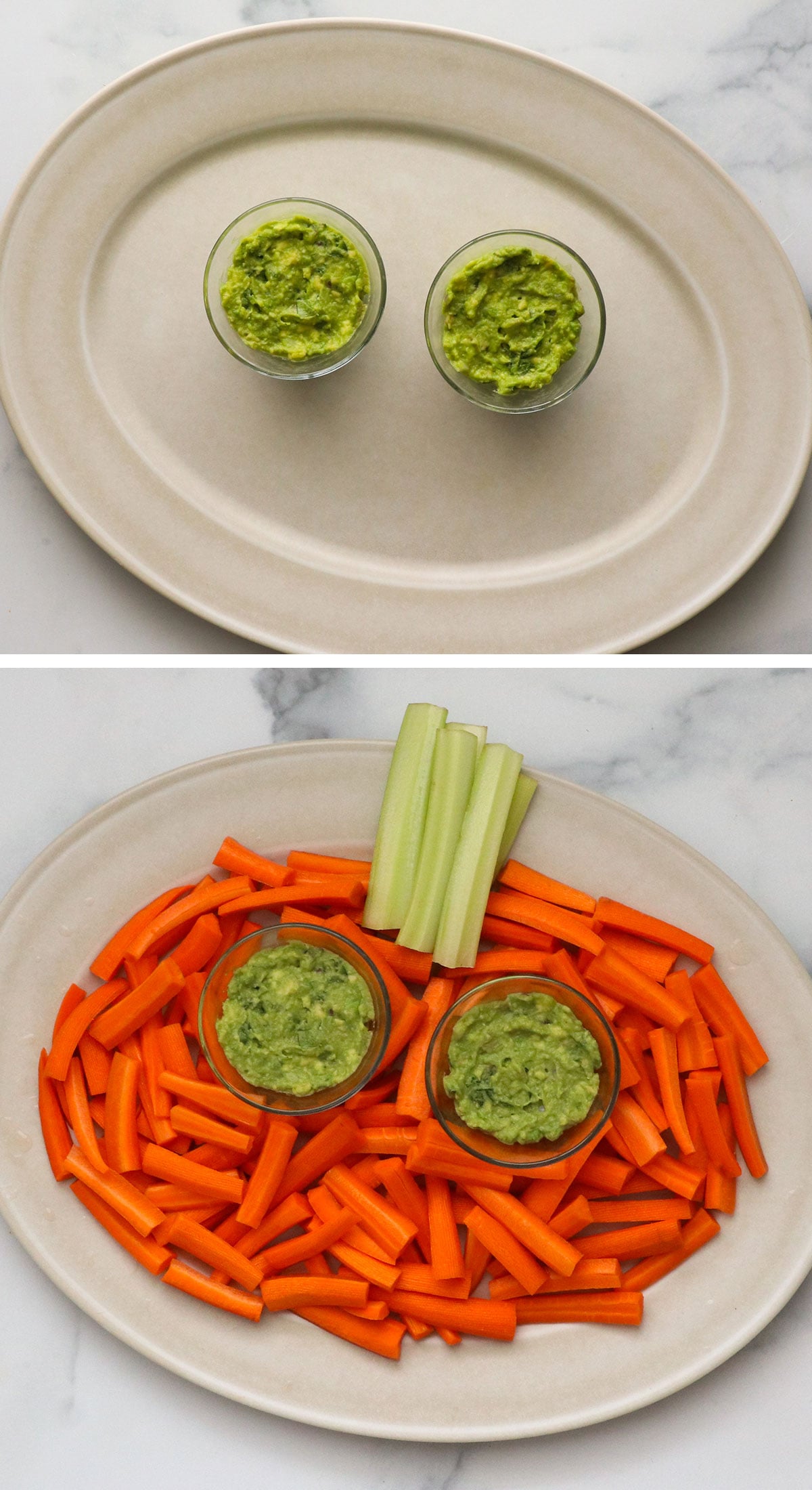 dip bowls arranged on platter along with carrot and celery slices.