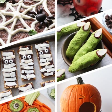 spider web dip, witch finger cookies, puking pumpkin, and halloween veggie tray.