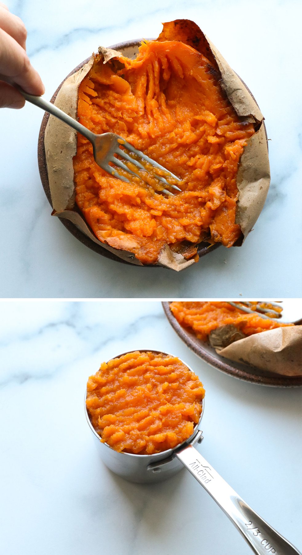 sweet potato mashed with fork and measured.