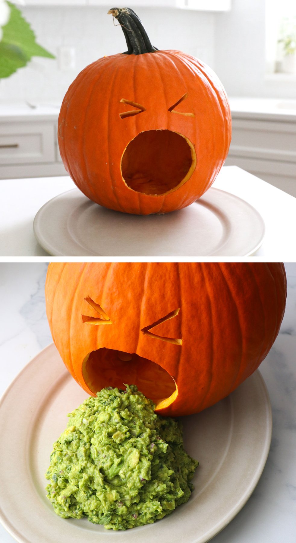 carved pumpkin on platter and topped with guacamole.