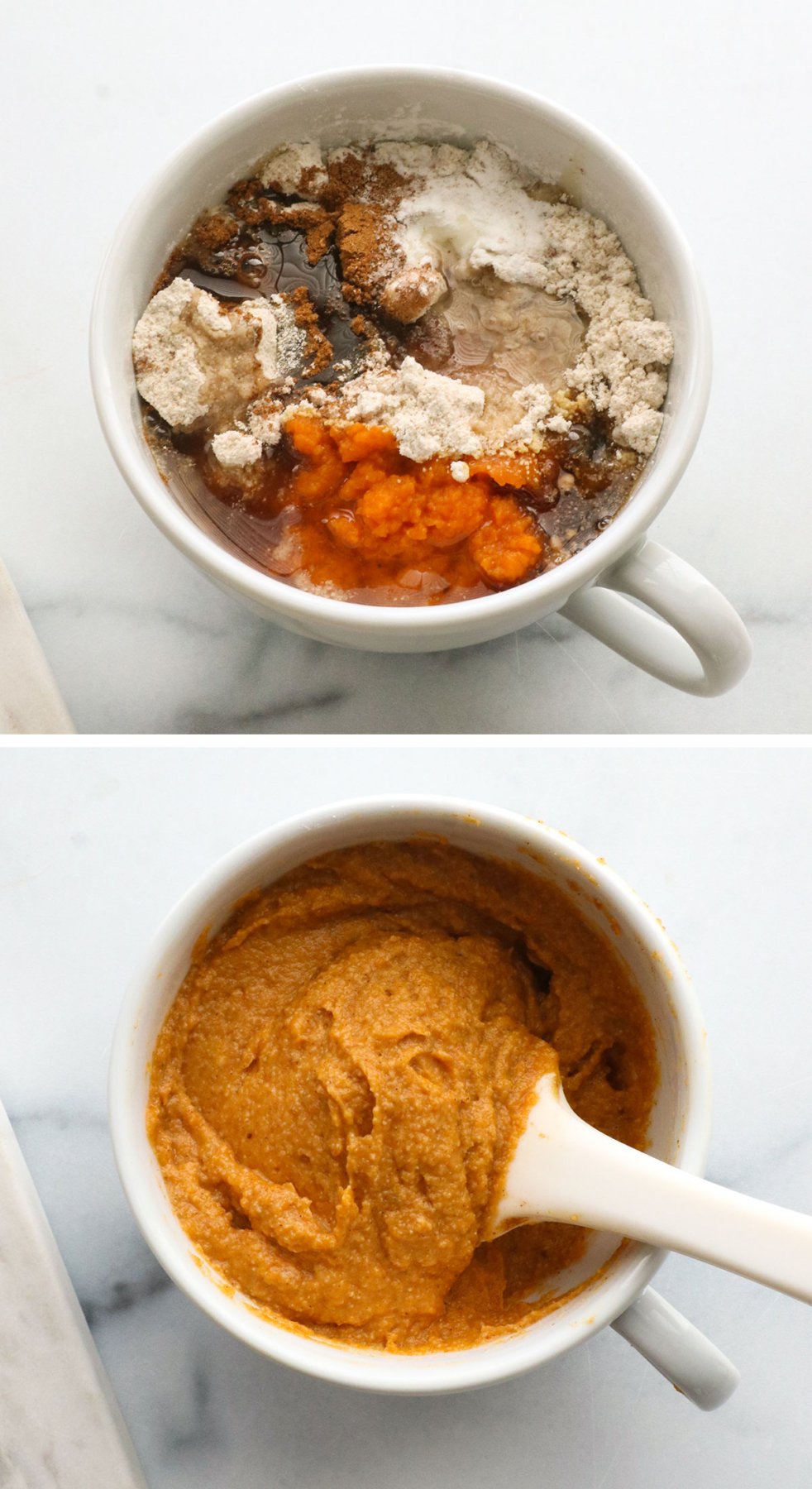 pumpkin and flour mixed directly in a white mug.