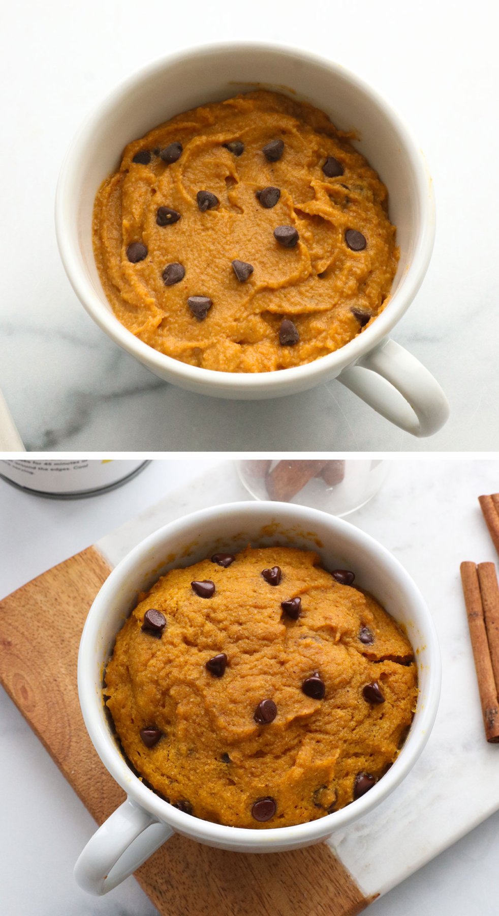 pumpkin cake batter in a mug before baking and after.