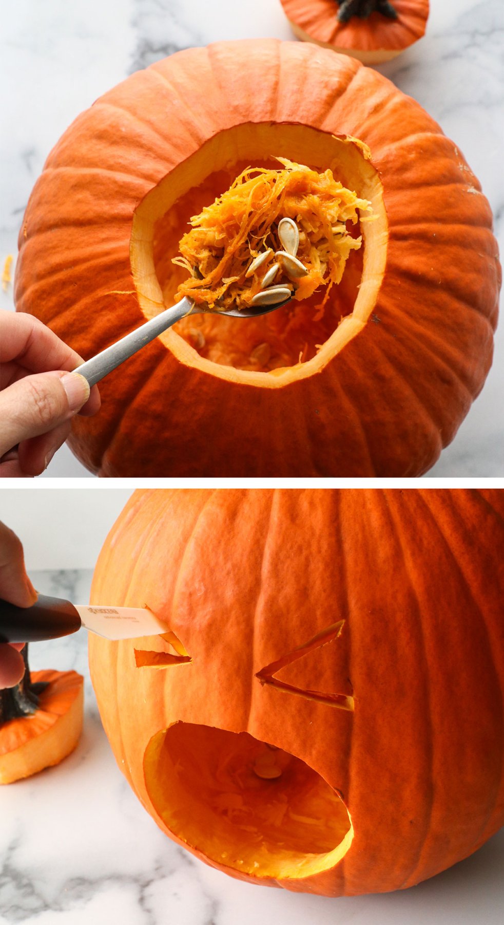 scooping out the seeds from the pumpkin and carving the v-shaped eyes.