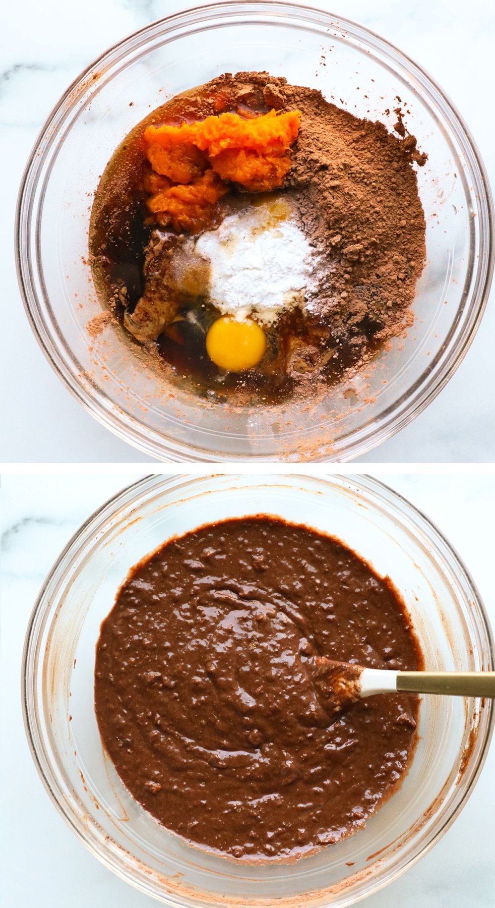 sweet potato brownie batter stirred together in a glass mixing bowl.