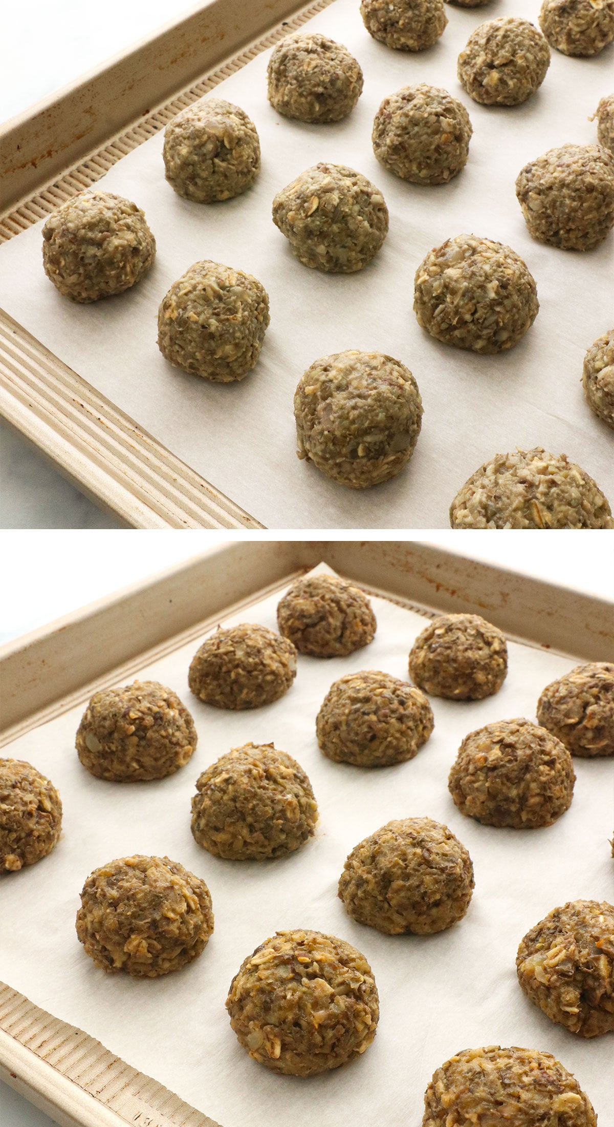 vegetarian meatballs before and after baking on a lined pan.
