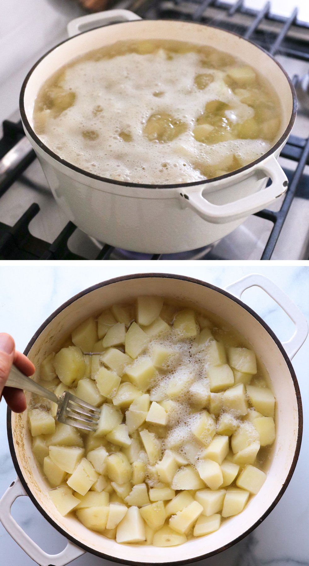 potatoes boiled in a white pot and tested with a fork.