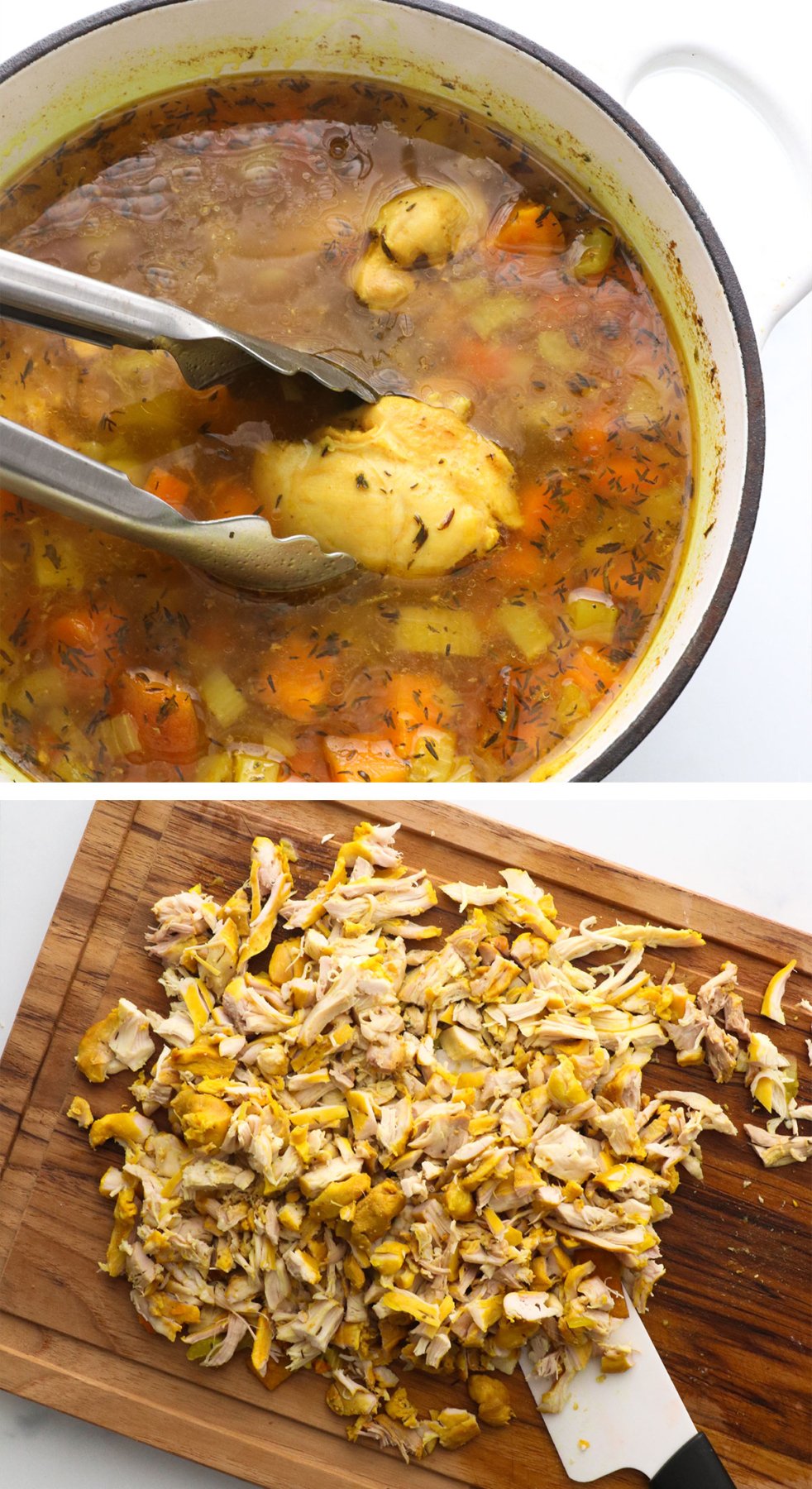 chicken thighs removed from soup and shredded on a cutting board.