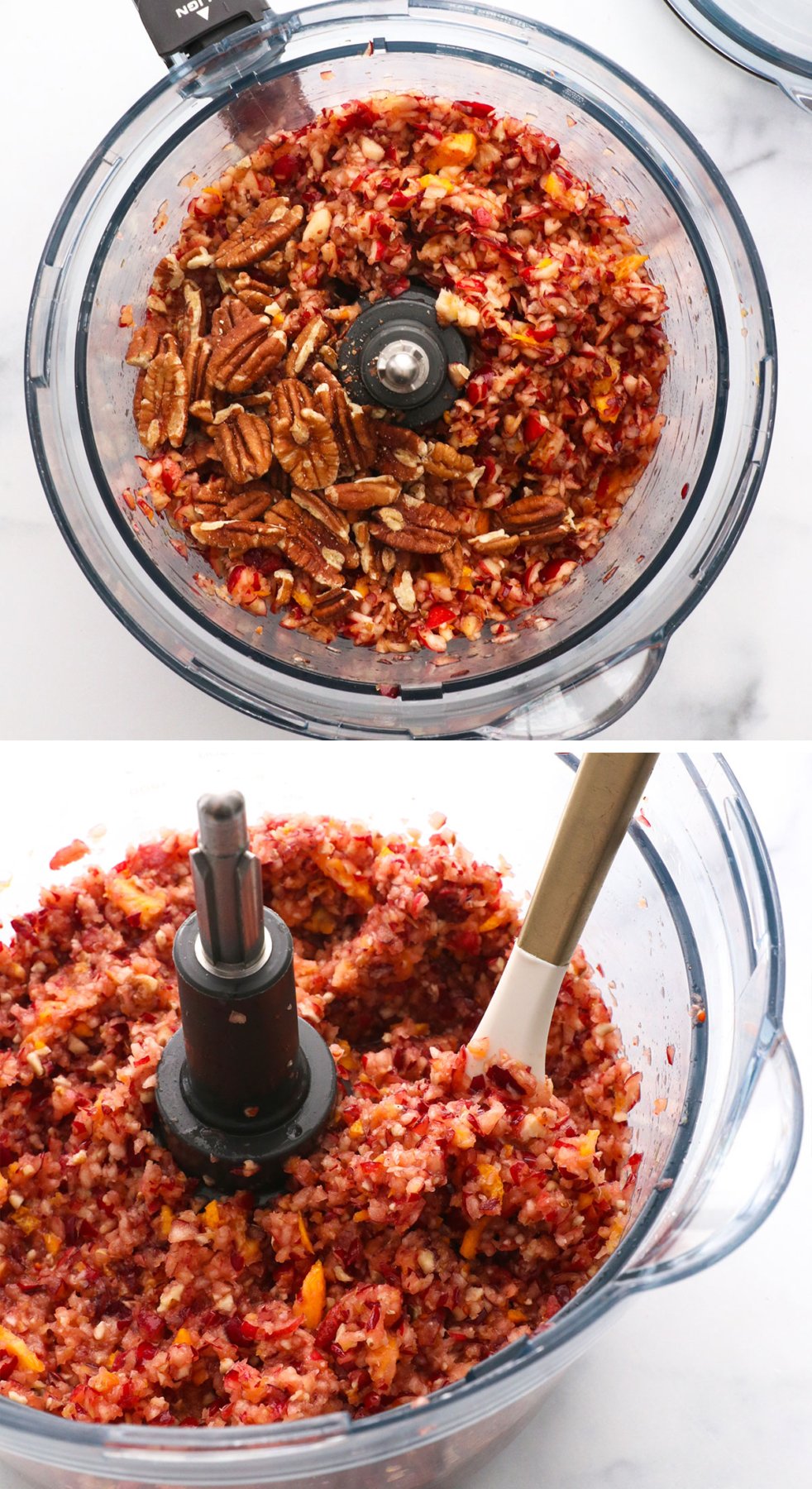 pecans added to cranberry relish and processed until slightly chunky.