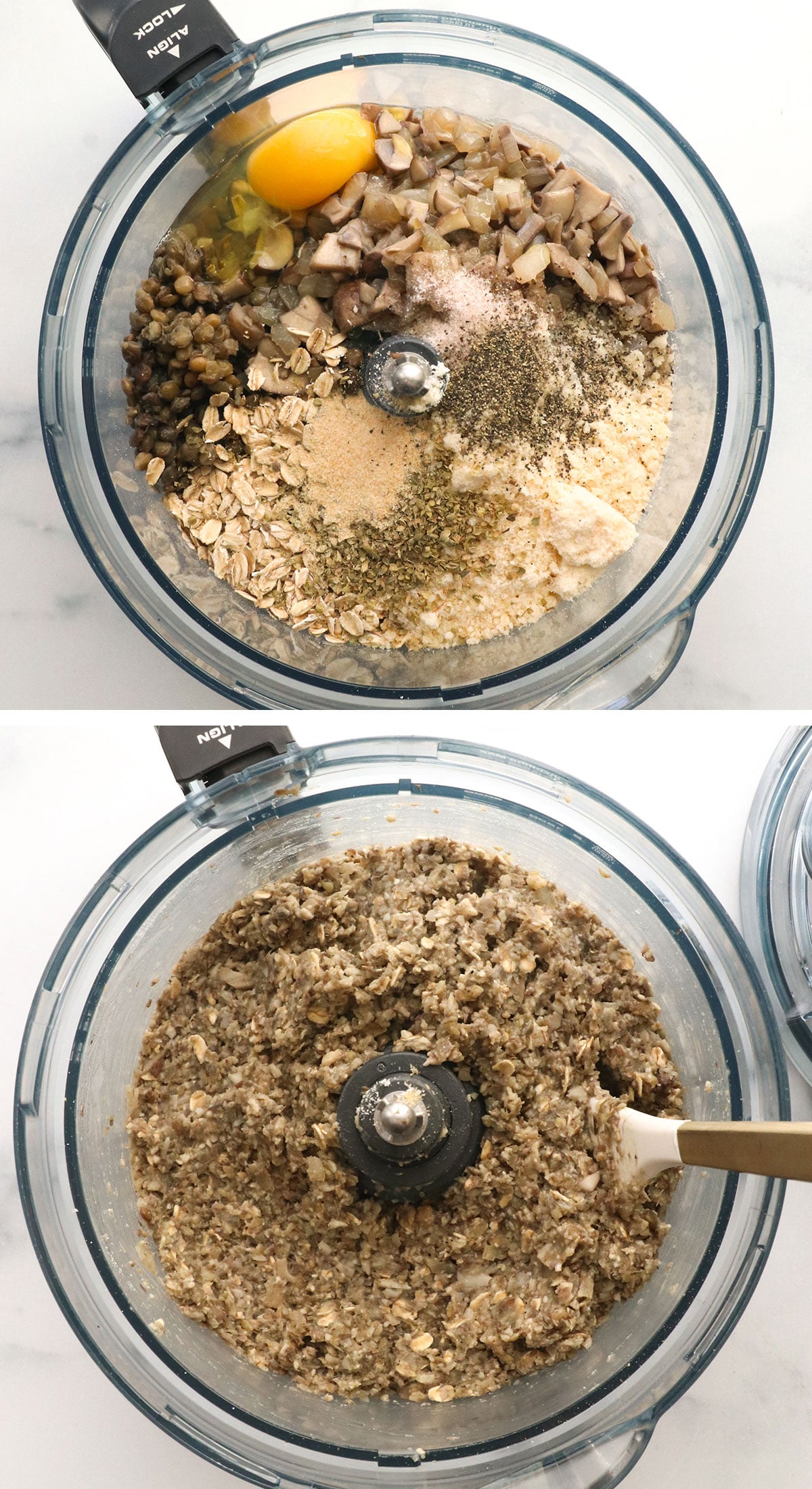 lentil meatball ingredients pulsed together in a food processor.