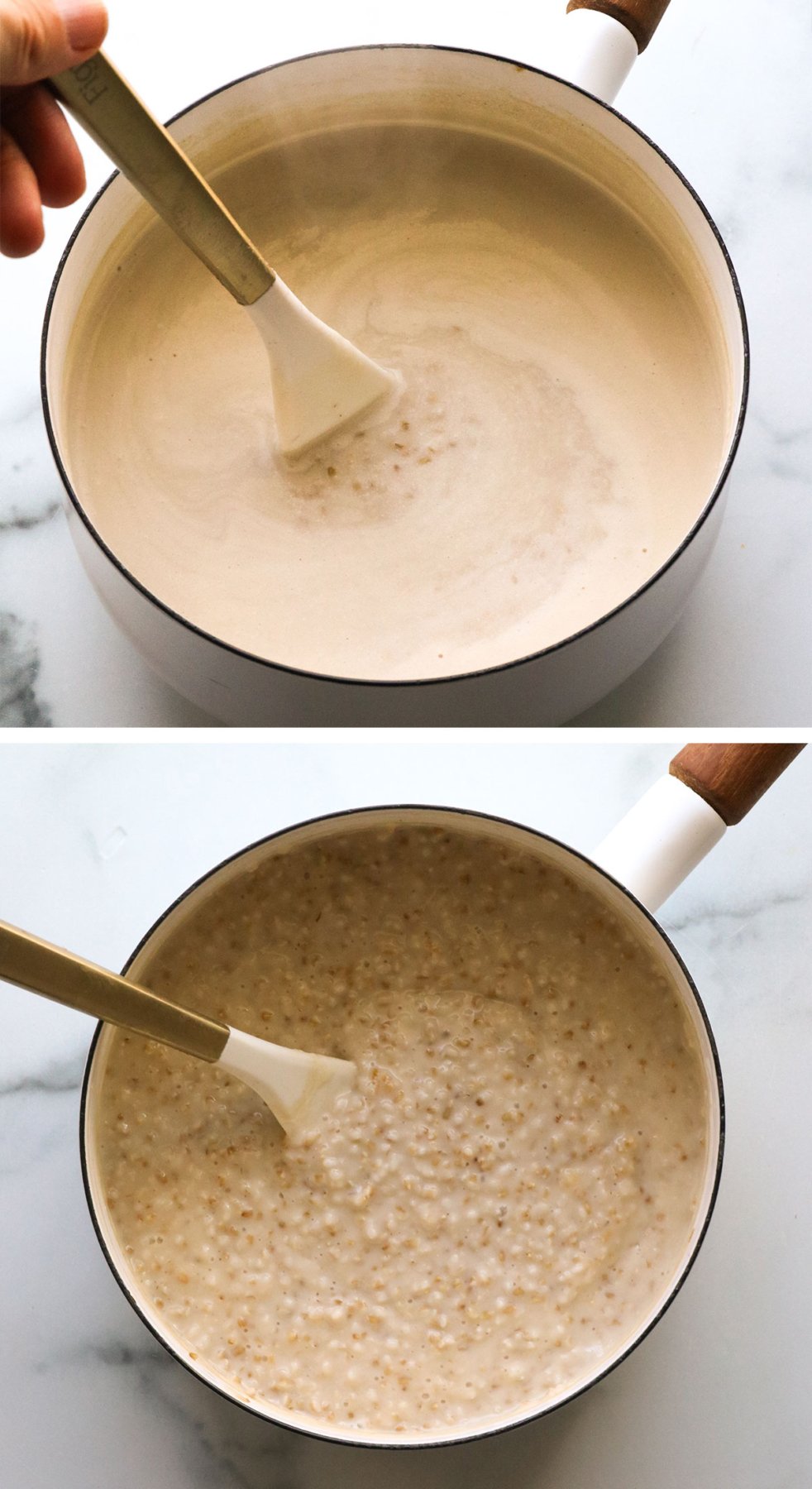 runny steel cut oats cooling off in a white saucepan. 