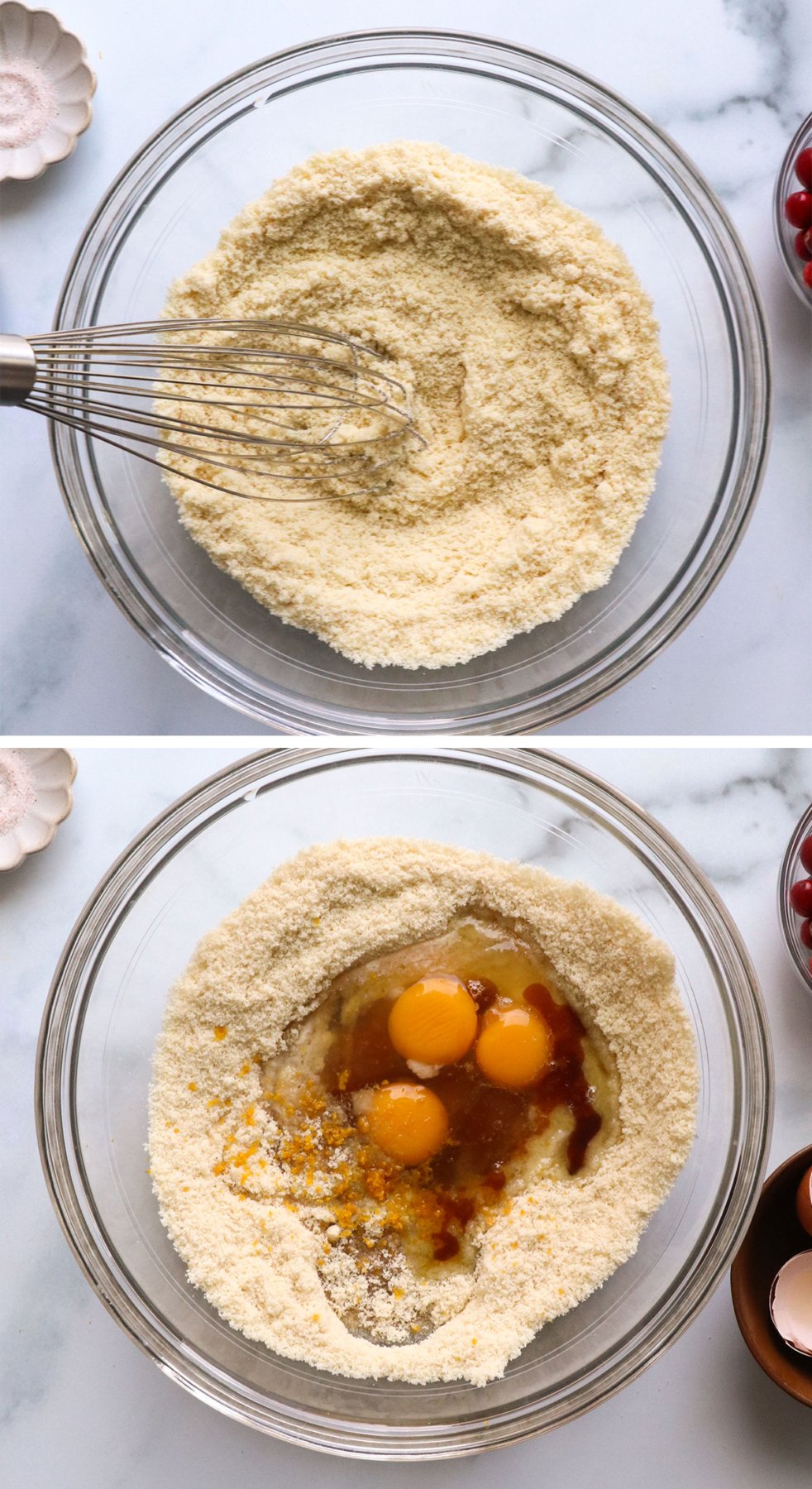 almond flour whisked with wet ingredients added to bowl. 