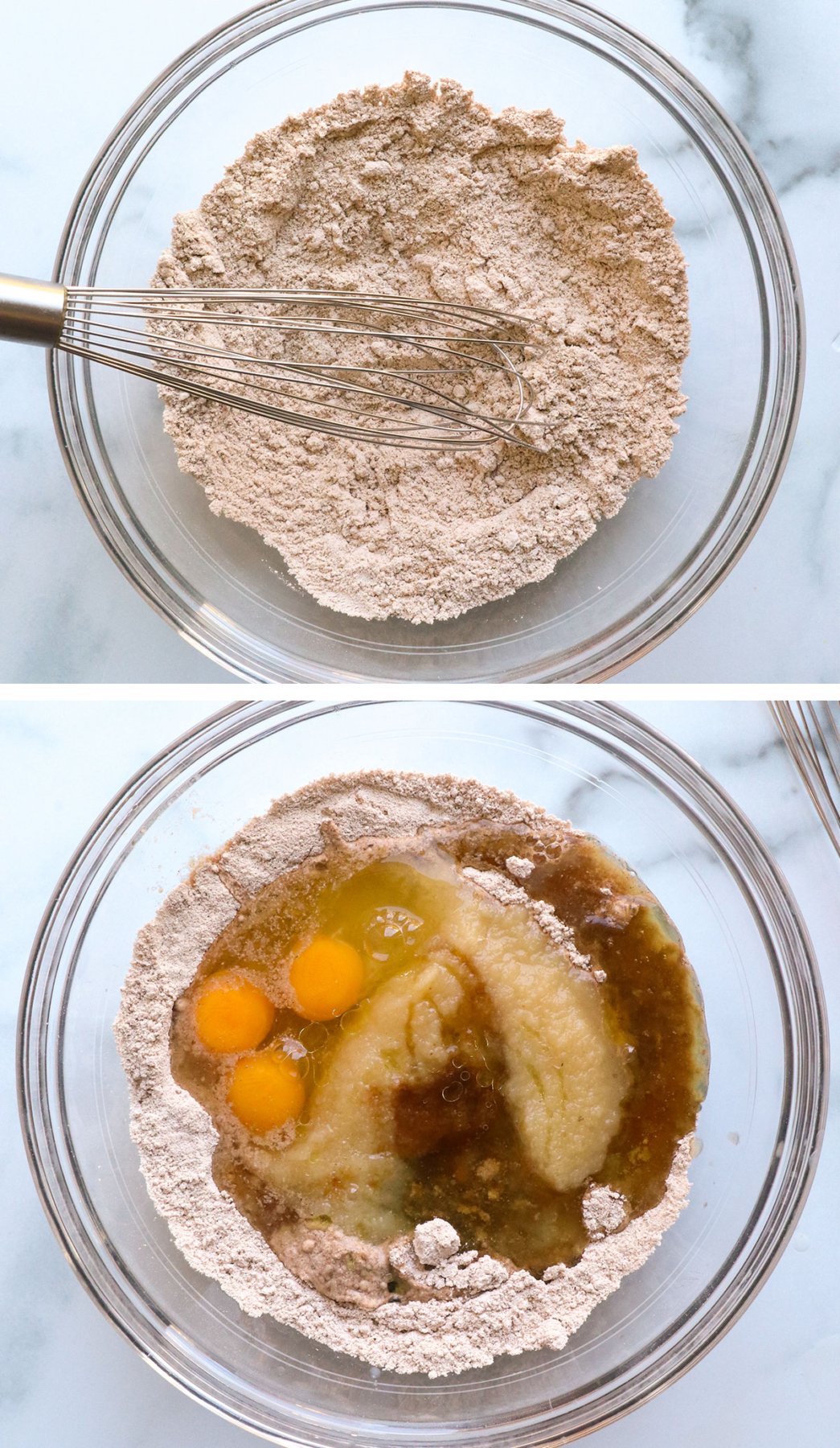 dry ingredients whisked in a large bowl with wet ingredients added after.