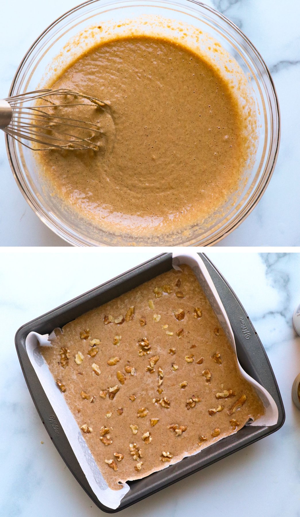 Wet ingredients mixed into batter and poured into the prepared pan.