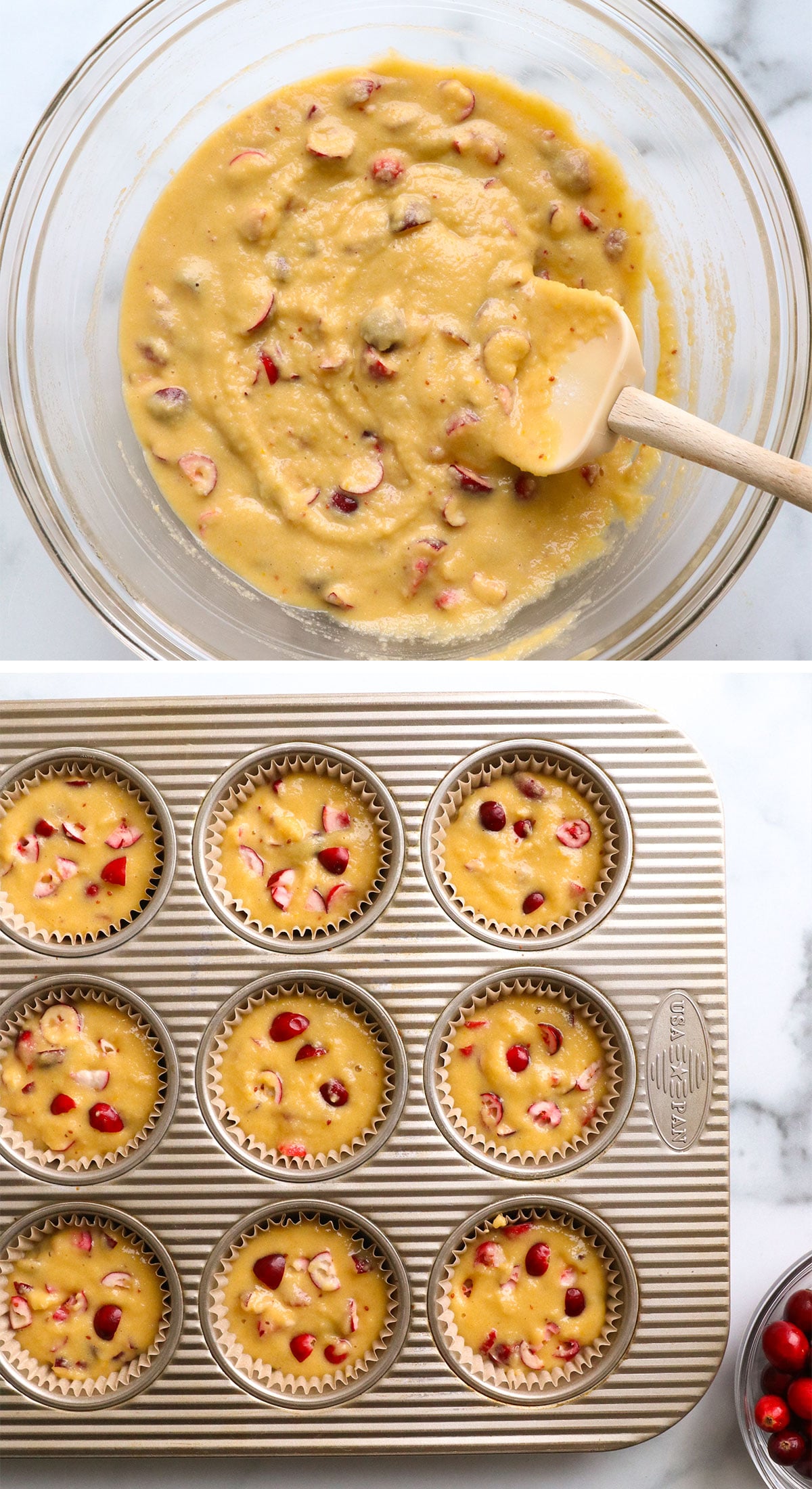 cranberries stirred into muffin batter and added to muffin pan.