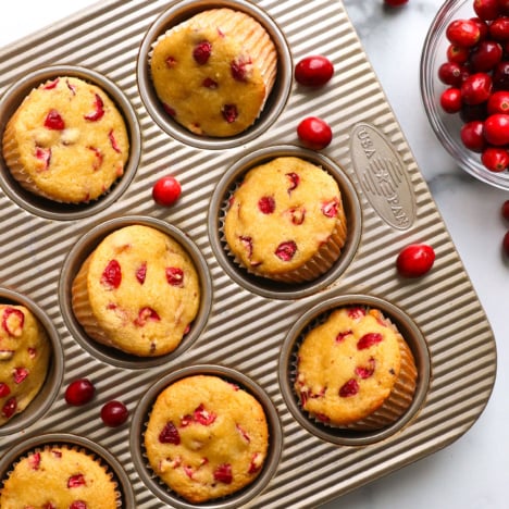 almond flour cranberry muffins cooled in a muffin tin.