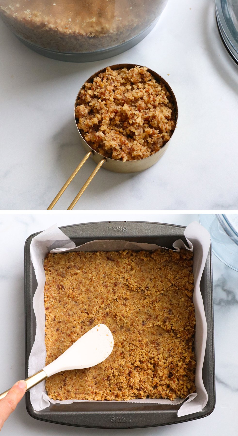 reserved crumble in a measuring cup and pressed into a pan.