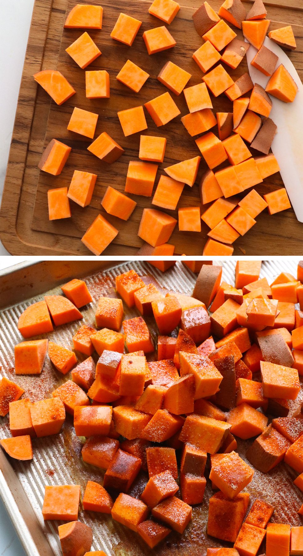 sweet potatoes cut into cubes on a board and seasoned in a pan.