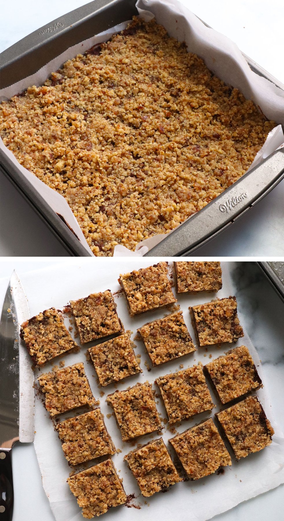 crumble topping in pan and the bars sliced into 16 squares.