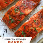 baked salmon fillets on a pan labeled for Pinterest.