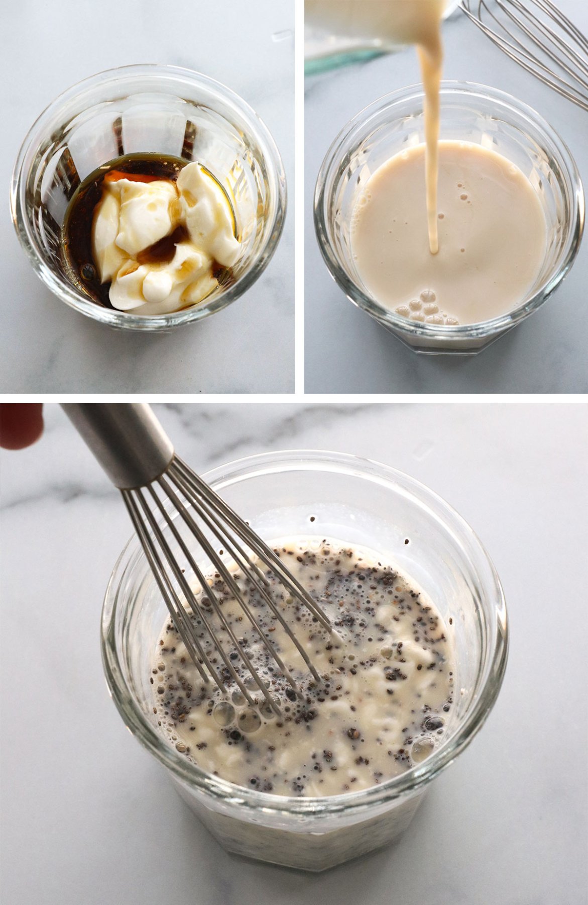 chia seeds, yogurt, maple syrup, and milk added to a glass jar and stirred.