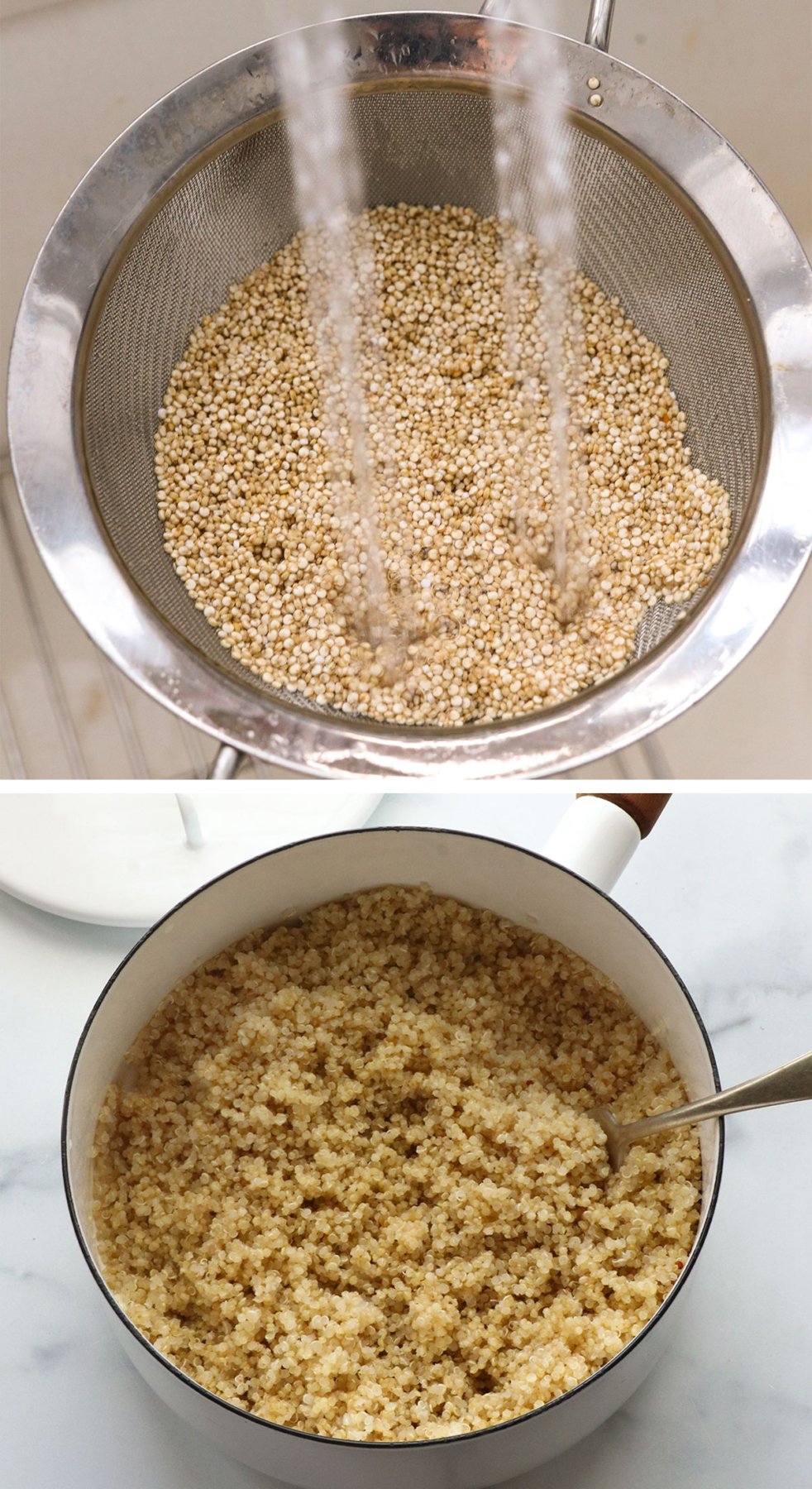 rinsed quinoa in a strainer and cooked in a white pot.