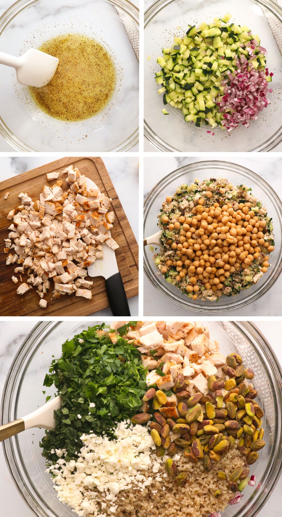 dressing mixed, chicken cut, and veggies added to a large glass bowl for salad.